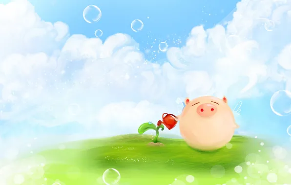 Clouds, bubbles, figure, plant, Rostock, wings, positive, meadow