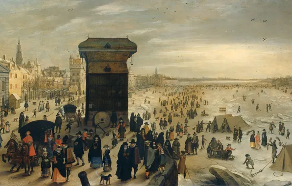 Oil, picture, Sebastian Vranx, 1622, Sebastiaan Vrancx, Frozen River Scheldt in Antwerp