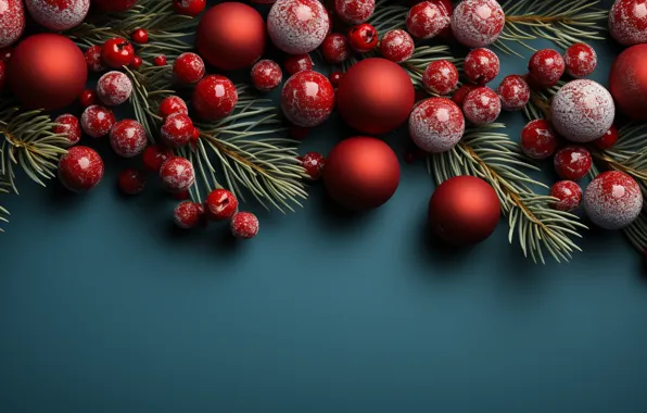 Berries, background, balls, New Year, Christmas, red, new year, happy