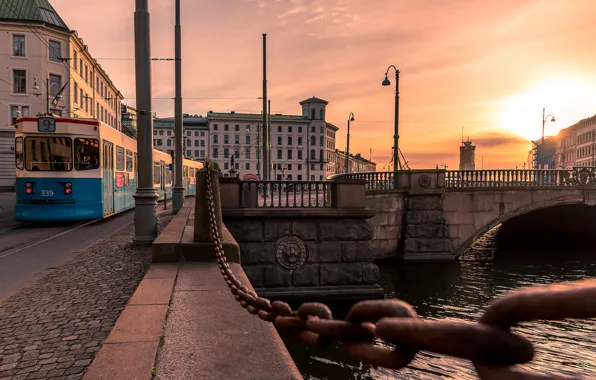 Picture sunset, bridge, the city, river, building, home, the evening, tram