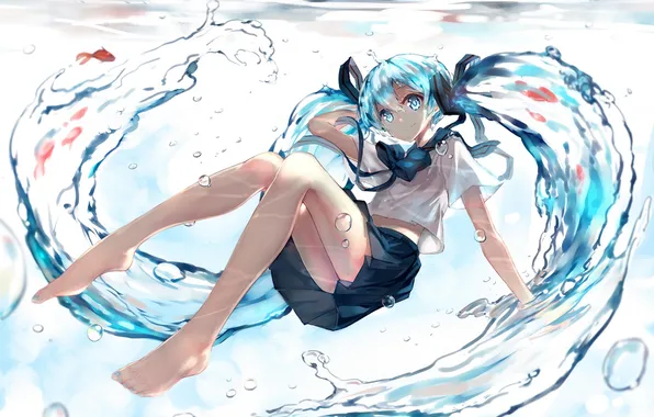 Water, girl, drops, fish, anime, art, form, schoolgirl