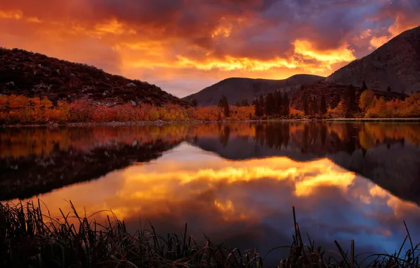 Autumn, sunset, mountains, lake, mirror