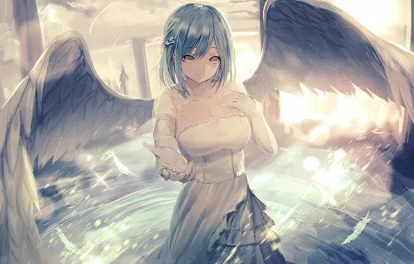 Picture neckline, corset, white dress, gesture, blue hair, angel, stretched out his right hand, white wings