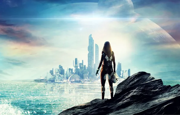 Sea, wave, ass, girl, the city, the game, the suit, helmet