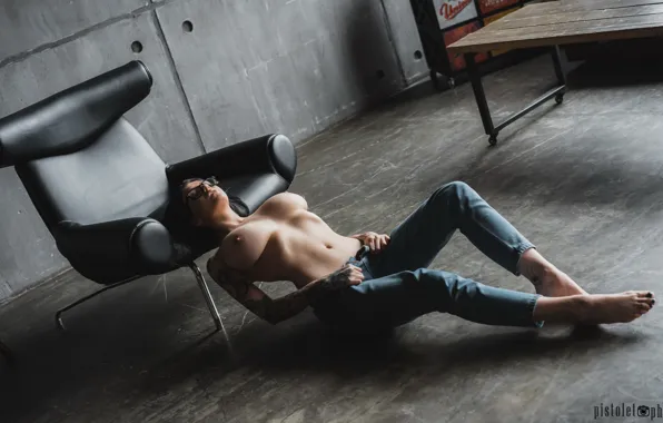 Chest, girl, jeans, tattoo, Pistols Ilya