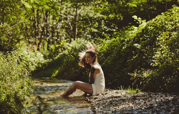 Forest, girl, stream, tattoo, tattoo, Refen Doe