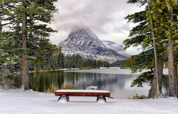 Picture winter, snow, trees, mountains, lake, Park, bench