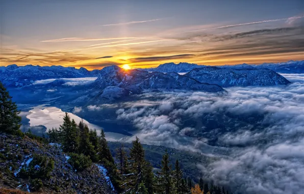 Clouds, trees, mountains, lake, sunrise, dawn, morning, Austria