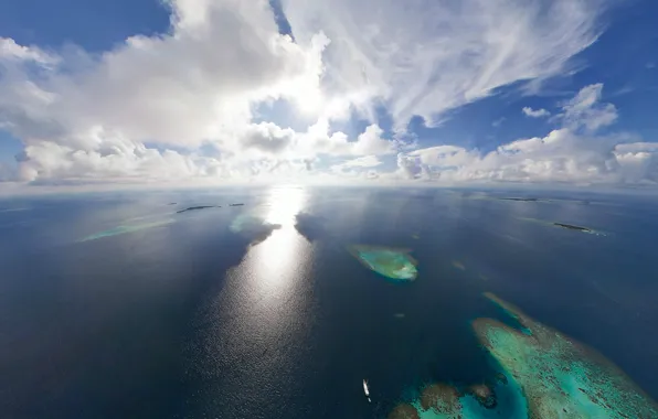 Picture Islands, clouds, the ocean, The sun, horizon, The Maldives