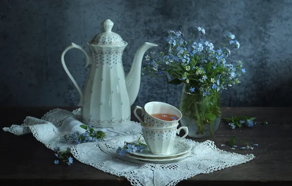 Flowers, table, tea, petals, kettle, blue, pair, Cup