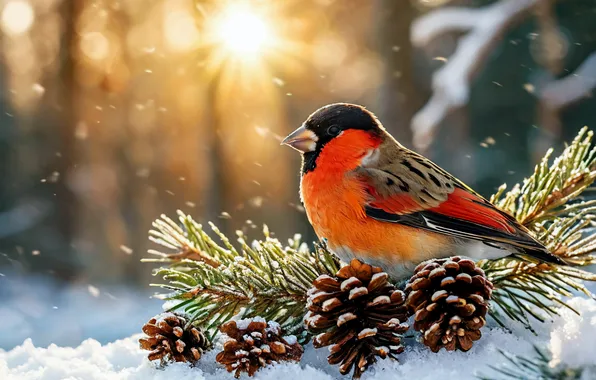 Winter, bird, tree, new year, ART, bullfinch, AI art, neural network