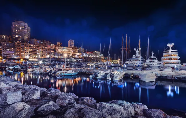 Building, home, yachts, night city, boats, Monaco, harbour, Monaco