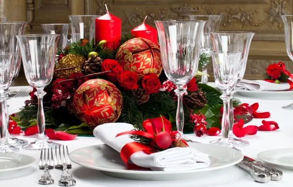 Decoration, flowers, table, roses, candles, New Year, Christmas, holidays