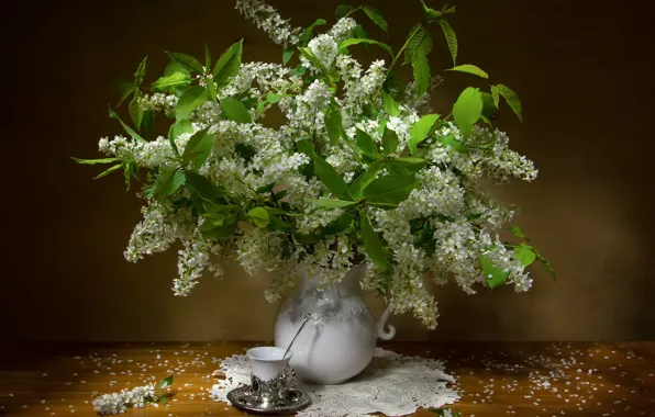 Picture branches, petals, Cup, pitcher, still life, napkin, cherry, Tatiana Fedenkova