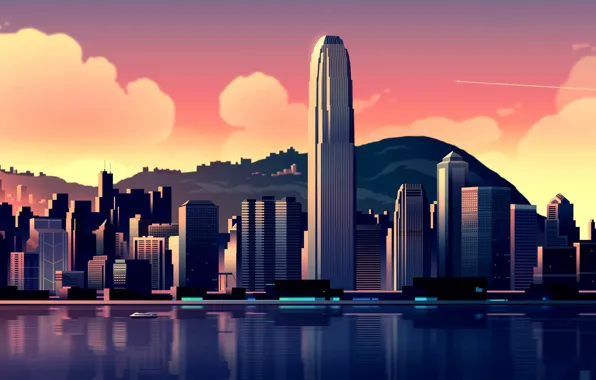 Sunset, Water, Vector, The city, View, Style, Skyscrapers, Hills