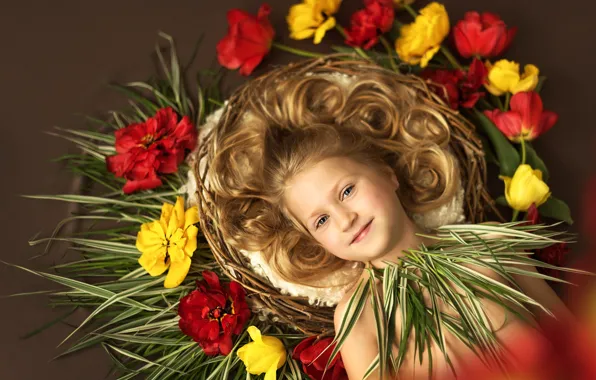 Picture leaves, flowers, girl, tulips, child, curls, Anastasia Alekseeva