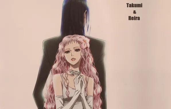 Gloves, beads, two, white dress, long hair, Nana, curly hair, back to back