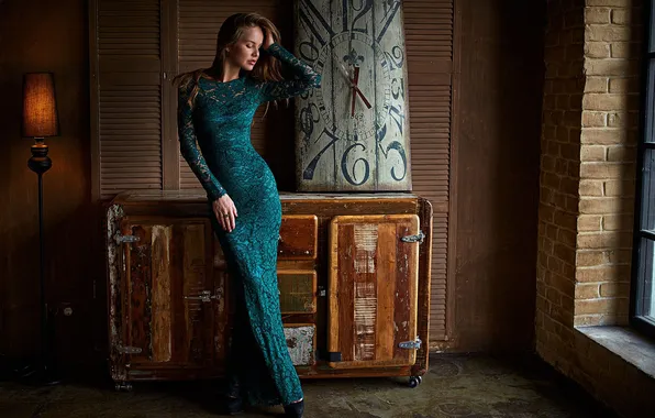 Girl, green, watch, dress, legs, Kristina Yakimova