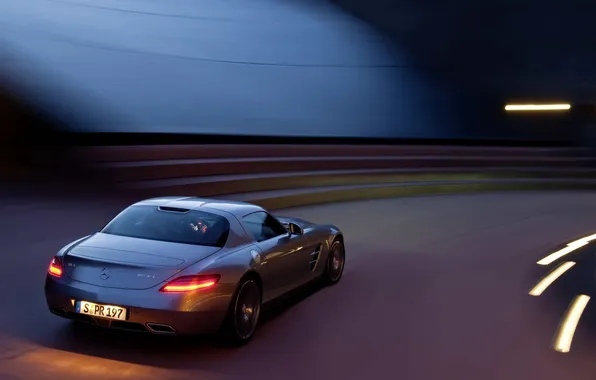 Road, night, lights, turn, mercedes sls amg