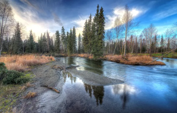 Autumn, the sky, clouds, trees, reflection, river, shore, the bottom
