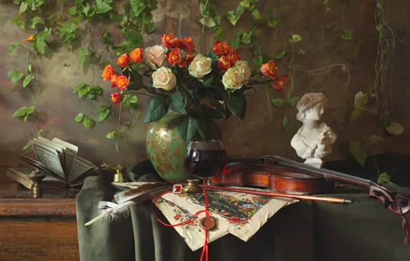 Pen, violin, roses, bouquet, book, ring, bust