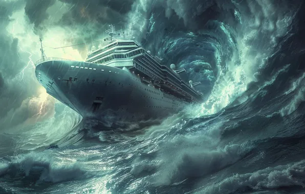 Picture Sea, Liner, Ship, Wave, Storm, Hurricane, Digital art, AI art