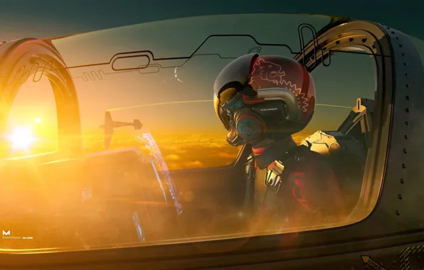 Sunset, The sun, The sky, The plane, Helmet, Cabin, Art, Art