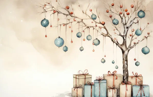 Balls, branches, tree, blue, Christmas, gifts, New year, light background