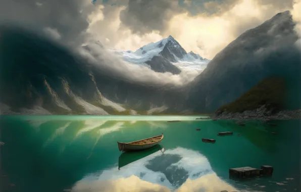 Clouds, landscape, mountains, nature, fog, lake, rendering, shore