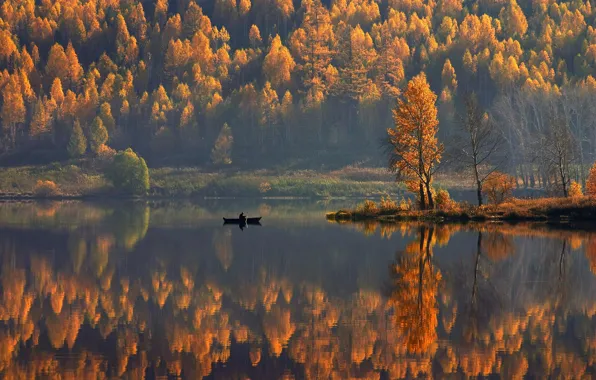 Autumn, lake, fisherman