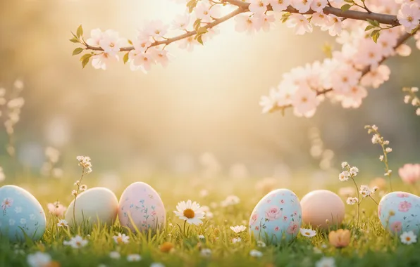 Eggs, spring, Sakura, Easter, flowering, trees, pink, blossom