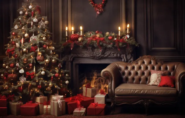 Decoration, sofa, balls, tree, New Year, Christmas, gifts, new year
