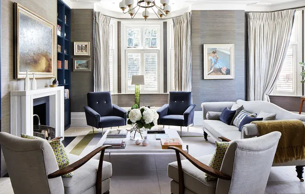 Design, interior, fireplace, library, cozy living room, central coffee table, a bright room with grey …