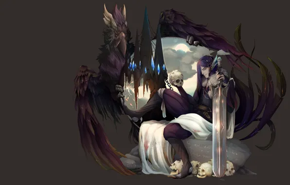 Weapons, bird, the game, skull, sword, art, guy, Phoenix