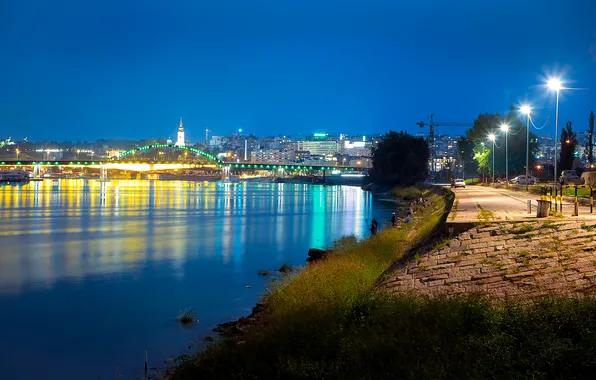 Night, bridge, lights, river, home, lights, promenade, Serbia