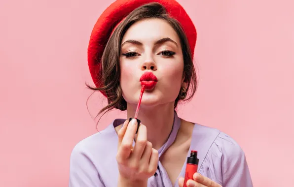 Girl, red, face, pose, portrait, hands, makeup, brown hair