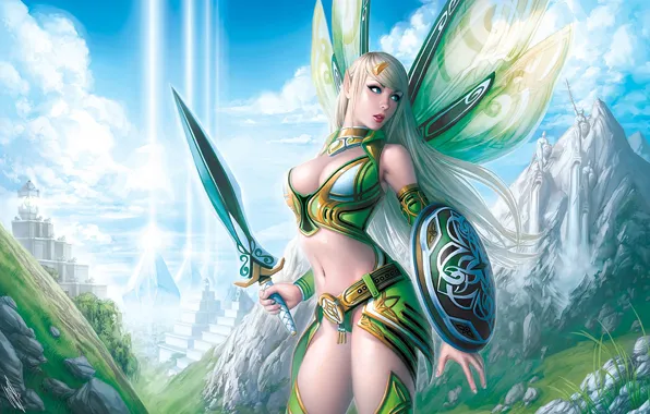 Rays, mountains, Girl, wings, sword, armor, shield, structure
