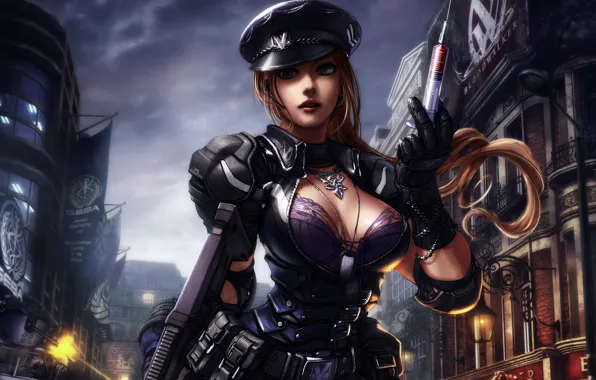 Girl, belt, syringe, looking at the viewer, firearms