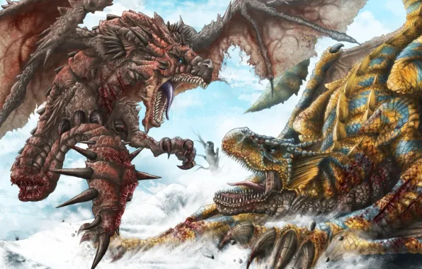 Picture snow, blood, dragons, art, spikes, mouth, battle, wounds