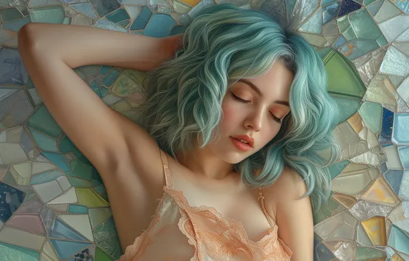 Sleep, blue hair, closed eyes