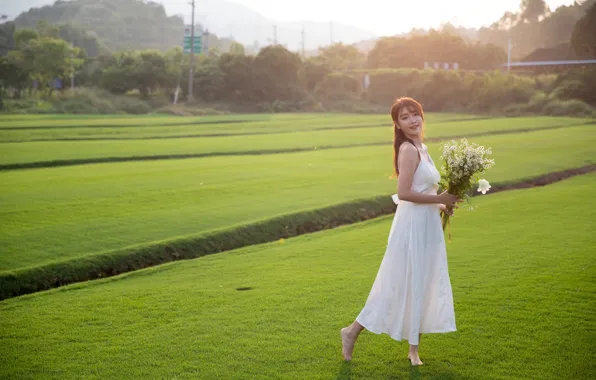 Grass, Beautiful, Asian, Model, Flowers, pretty, Woman, Bouquet