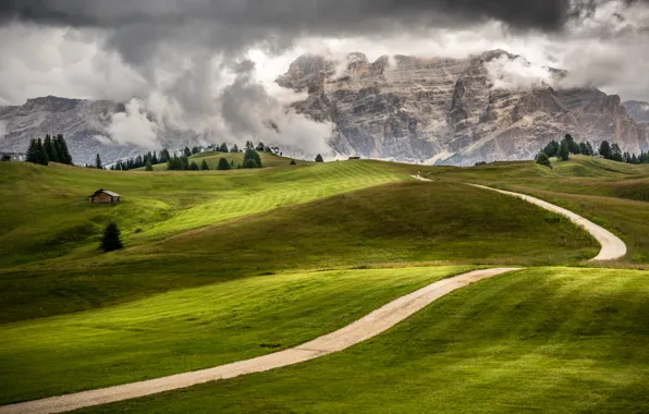Road, greens, clouds, trees, mountains, rocks, field, Italy
