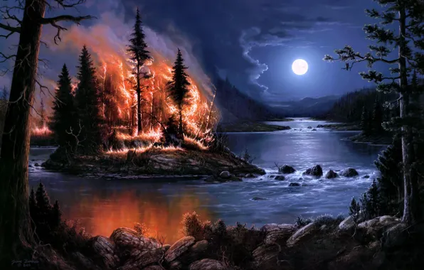 Forest, trees, night, river, fire, fire, the moon, island