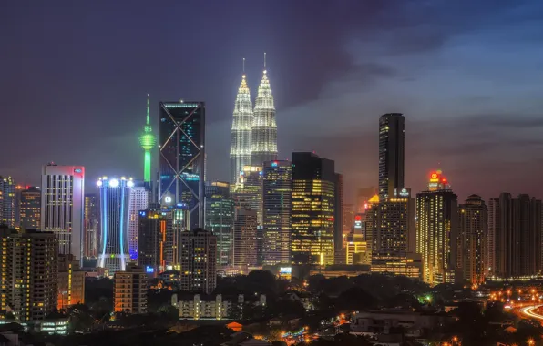 Landscape, night, the city, lights, building, Malaysia, Kuala Lumpur