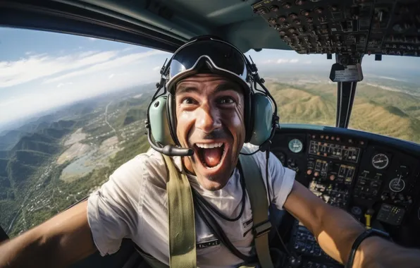 Smile, Flight, Male, Pilot, Joy, Digital art, AI art, The Art of Artificial Intelligence