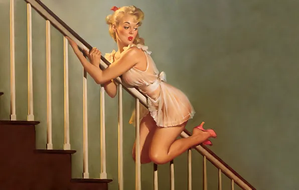 The descent, negligee, blonde, ladder, railings, art, pin-up, Gil Elvgren