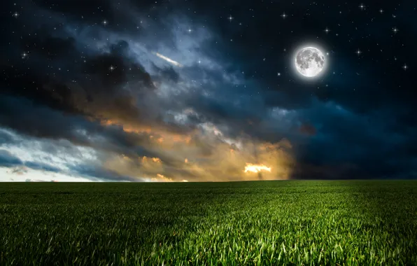 Greens, field, the sky, grass, clouds, night, the moon, photoshop