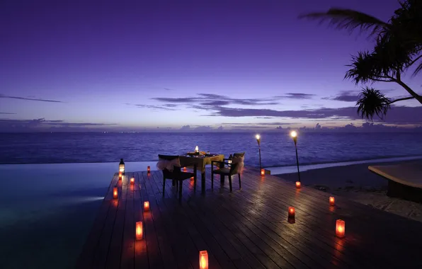 The ocean, shore, the evening, candles, pool, resort, table, Maldives