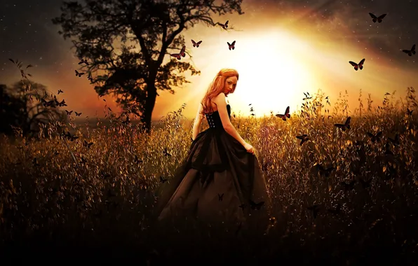 GRASS, The SUN, FIELD, BUTTERFLY, DRESS, RAYS, CORSET, RED