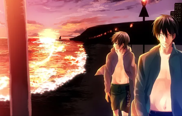 Picture sea, sunset, anime, art, guy, walk, Provides ichi Hatsukoi